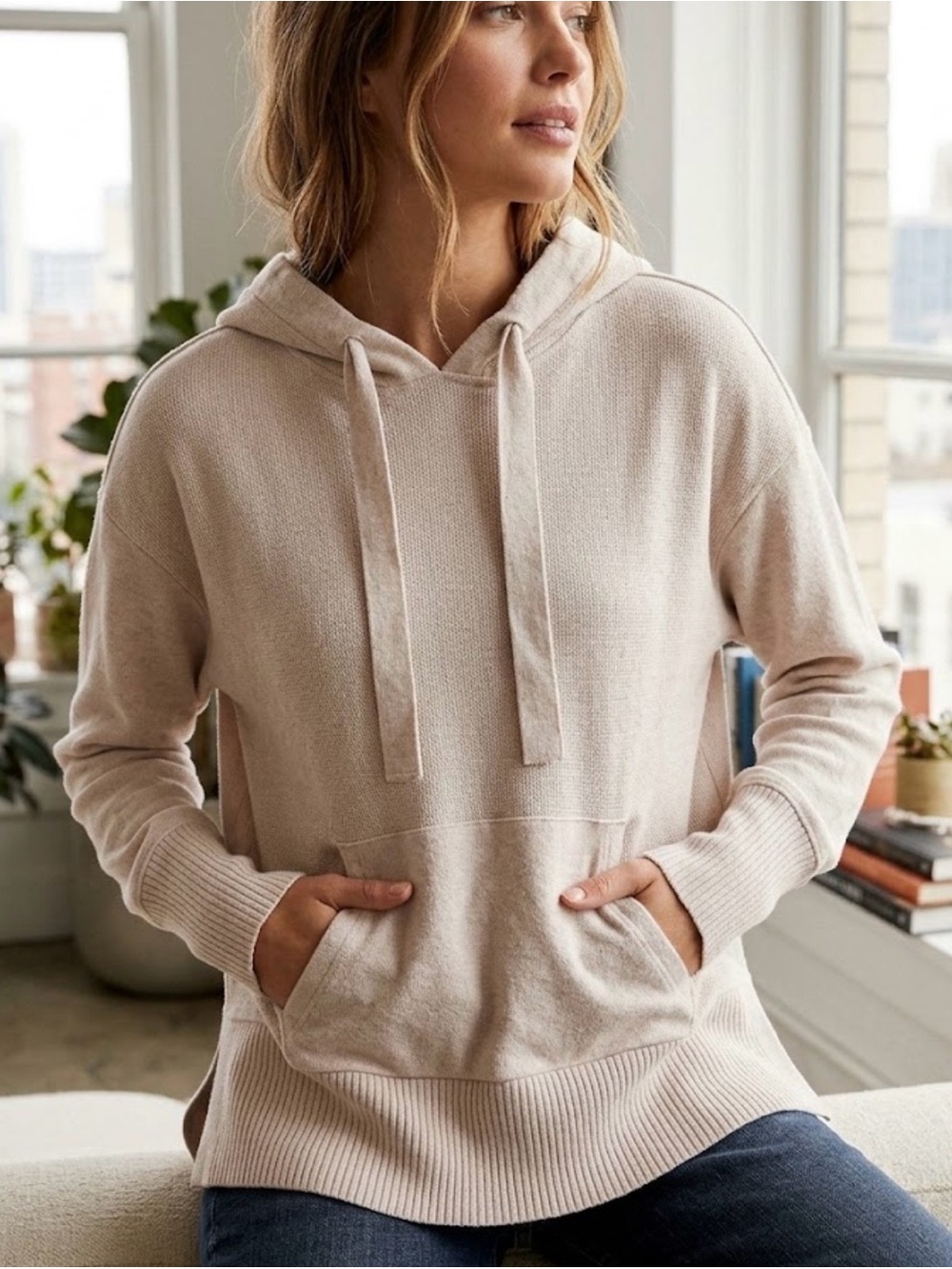 Glyder Beige Knit Hooded Sweater With Kangaroo Pocket Sz S